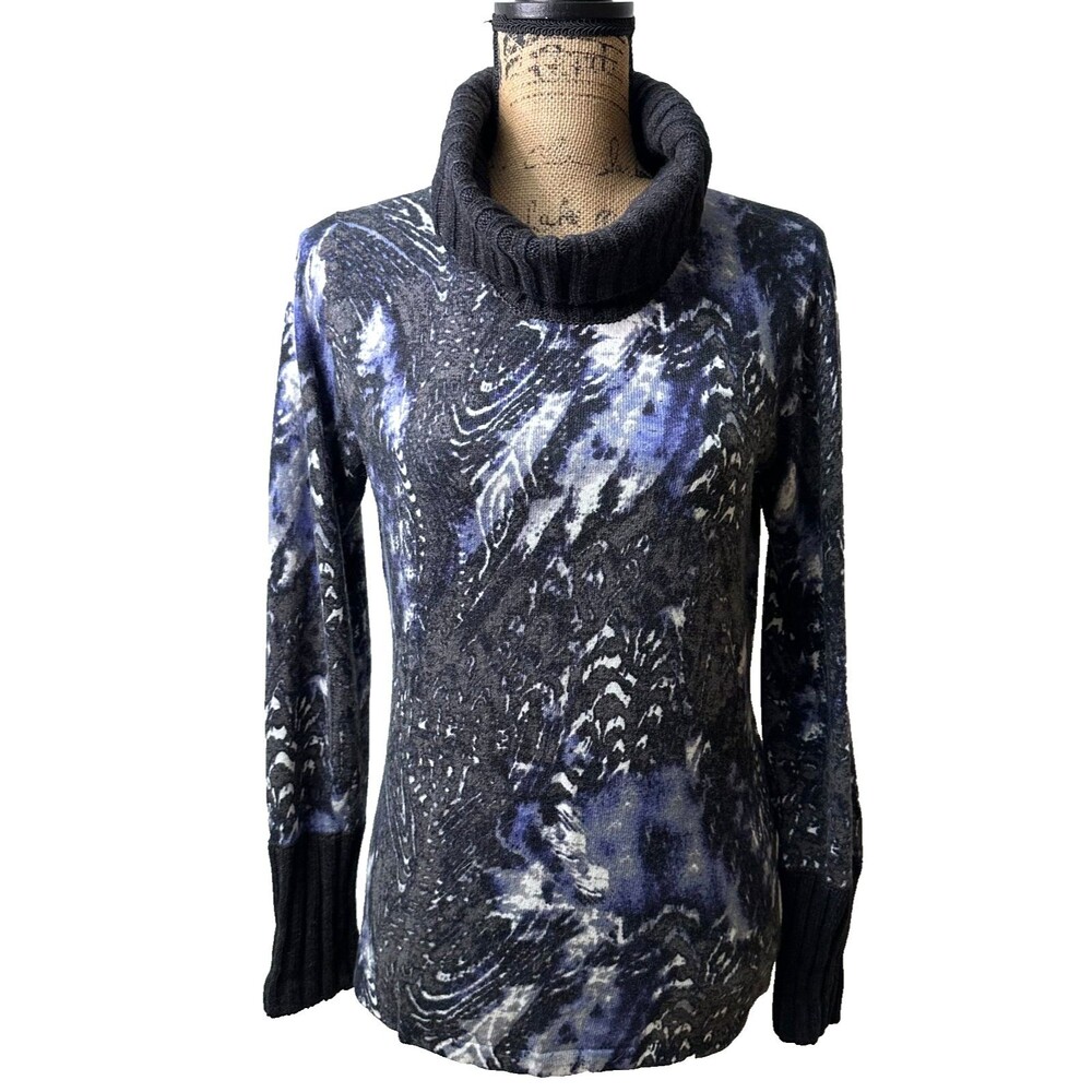 Gelco Women Angora Wool Blend Blue Black Print Turtleneck Sweater Sz 8